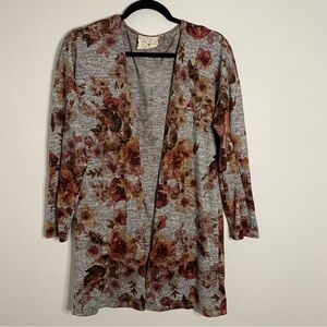 Fantastic Fawn Women's Small Gray Fall Floral Print Open Front Cardigan
